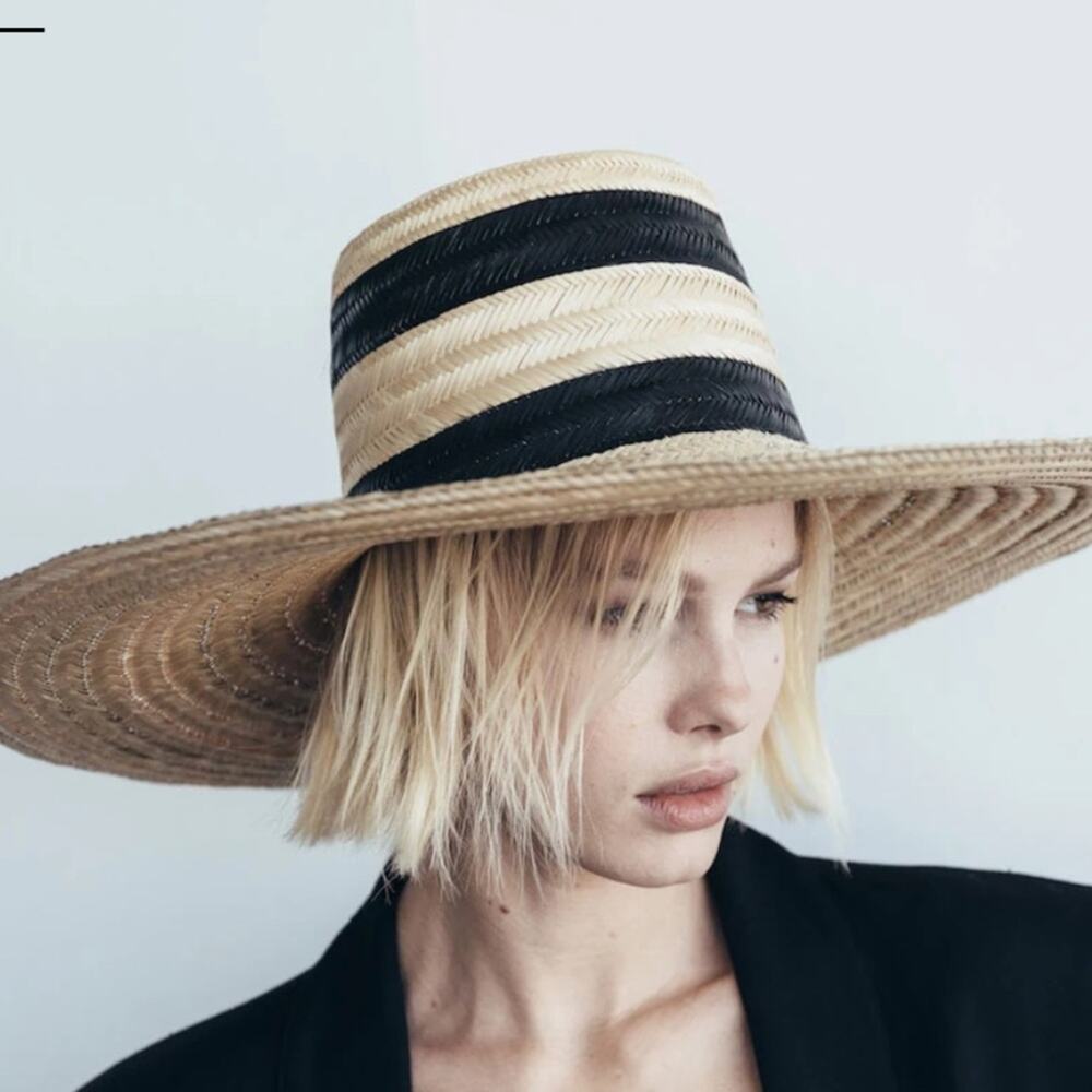 Janessa Leone Eloise Straw Hat Oversized Black Striped Large